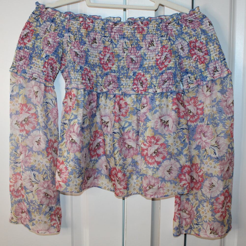 INTERMIX Lucy Silk Off-the-Shoulder Smocked Floral Long Sleeve Top | Small - Picture 2 of 10
